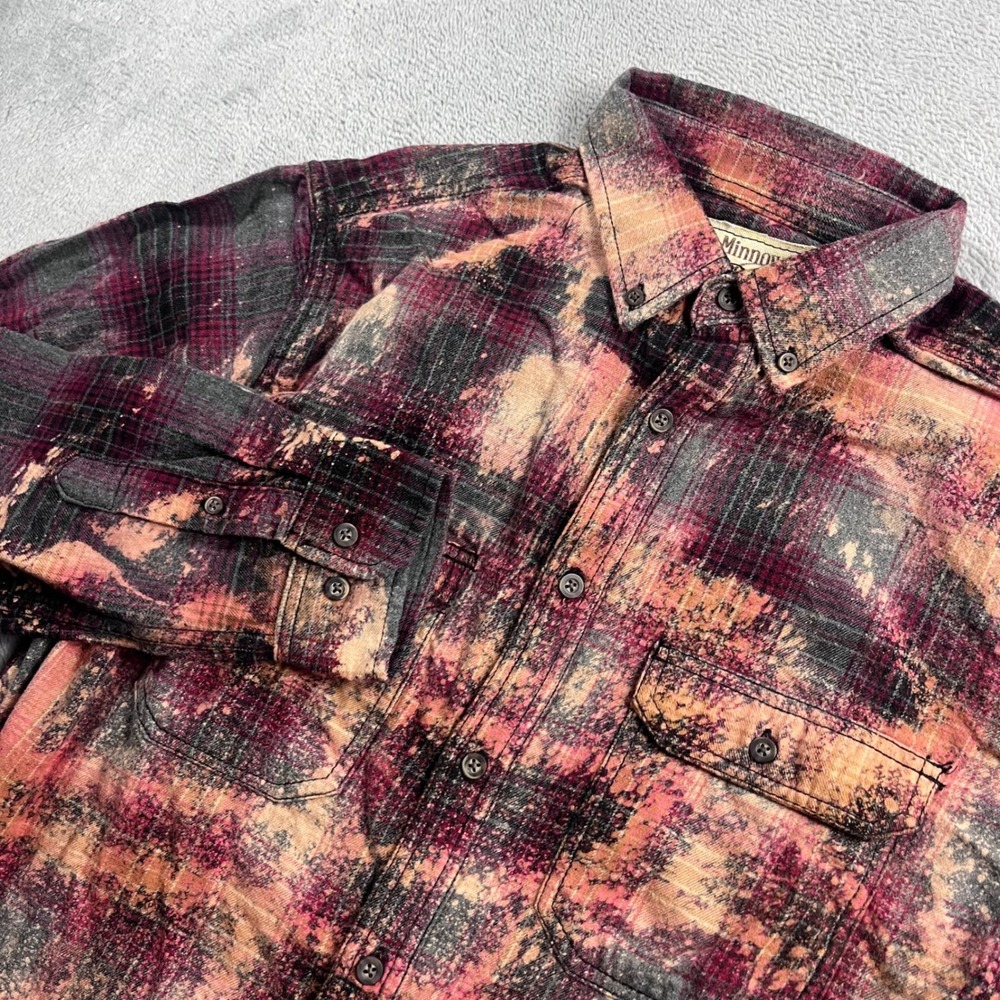 Angry Minnow Vintage Mens Bleached Flannel Shirt Plaid Graphic Patch Medium